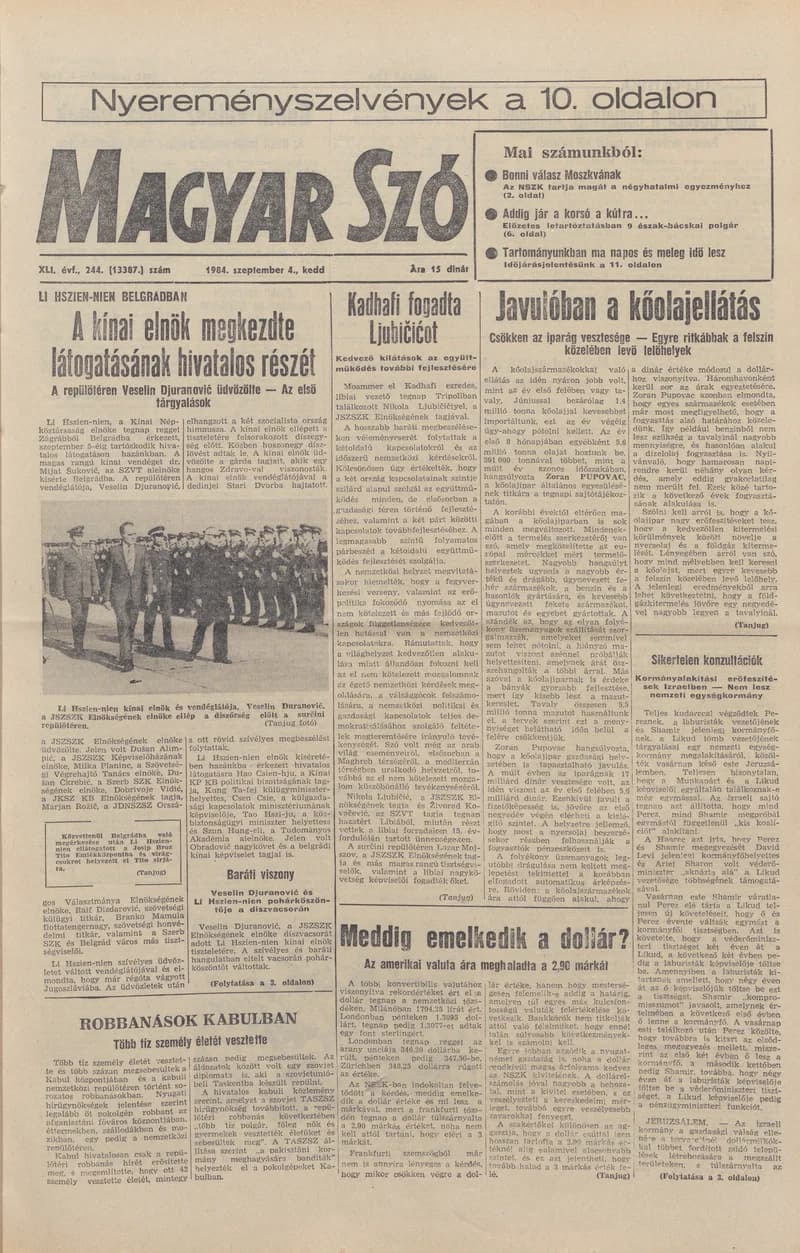 Magyar Szó, 41. évf. 1984. szeptember 4. 244. sz. 1–16. oldal