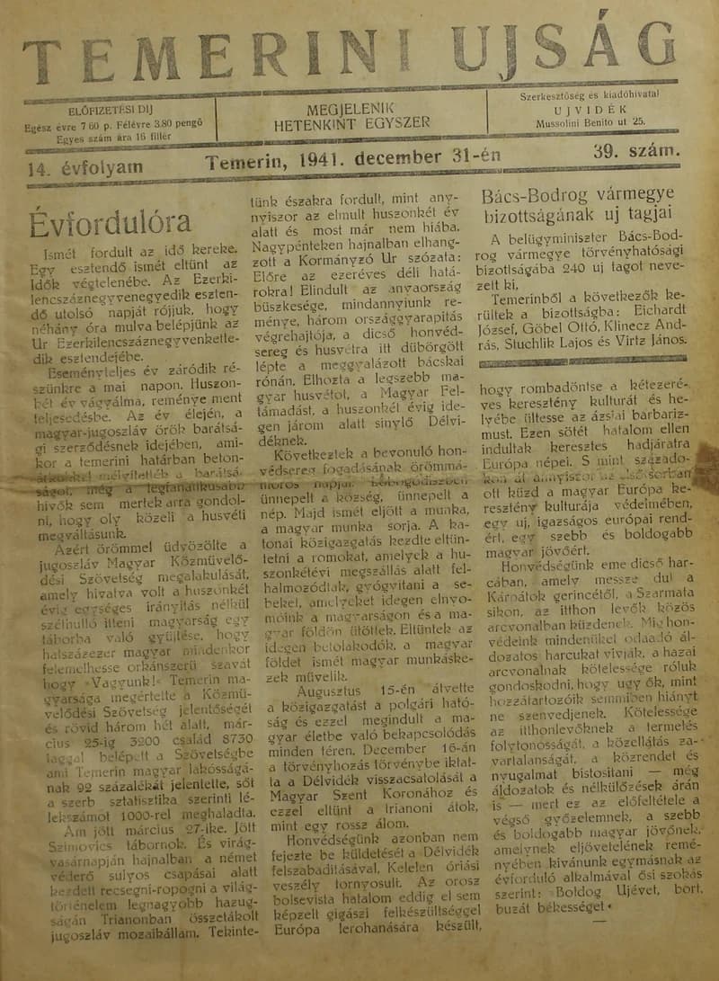 Temerini Újság 1928-1944, 14. évf. 1941. december 31. 39. sz.