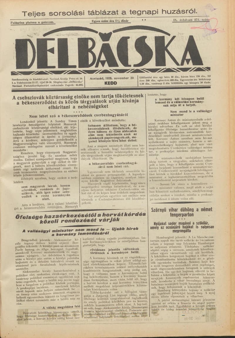 Délbácska, 9. évf. 1928. november 20. 271. sz.