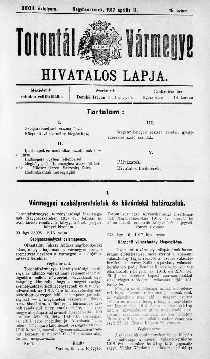 Torontál Vármegye Hivatalos Lapja, 33. évf. 1917. április 11. 15. sz.