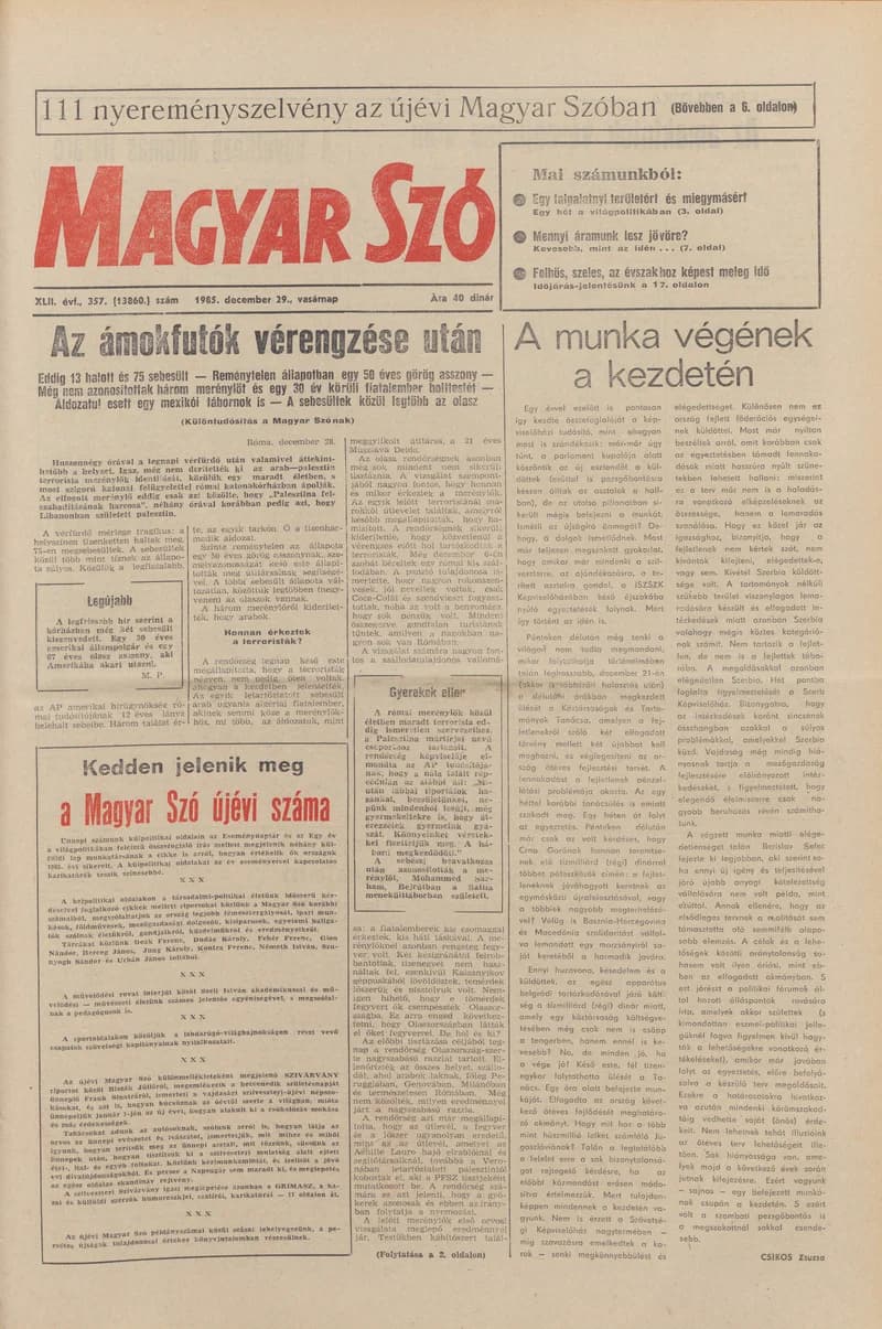 Magyar Szó, 42. évf. 1985. december 29. 357. sz. 1–32. oldal