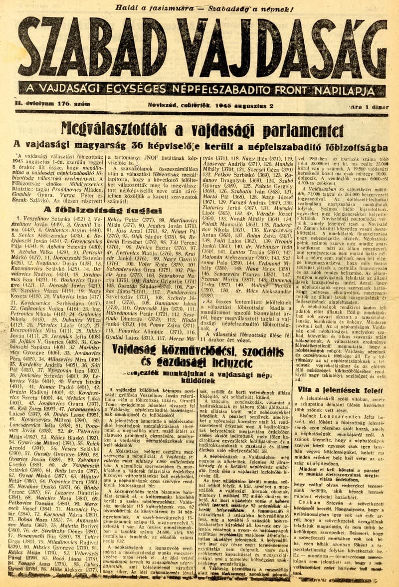 Szabad Vajdaság, 2. évf. 1945. augusztus 2. 176. sz.