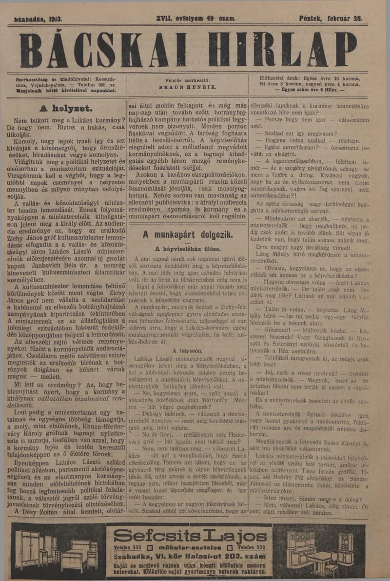 Bácskai Hirlap, 17. évf. 1913. február 28. 49. sz.