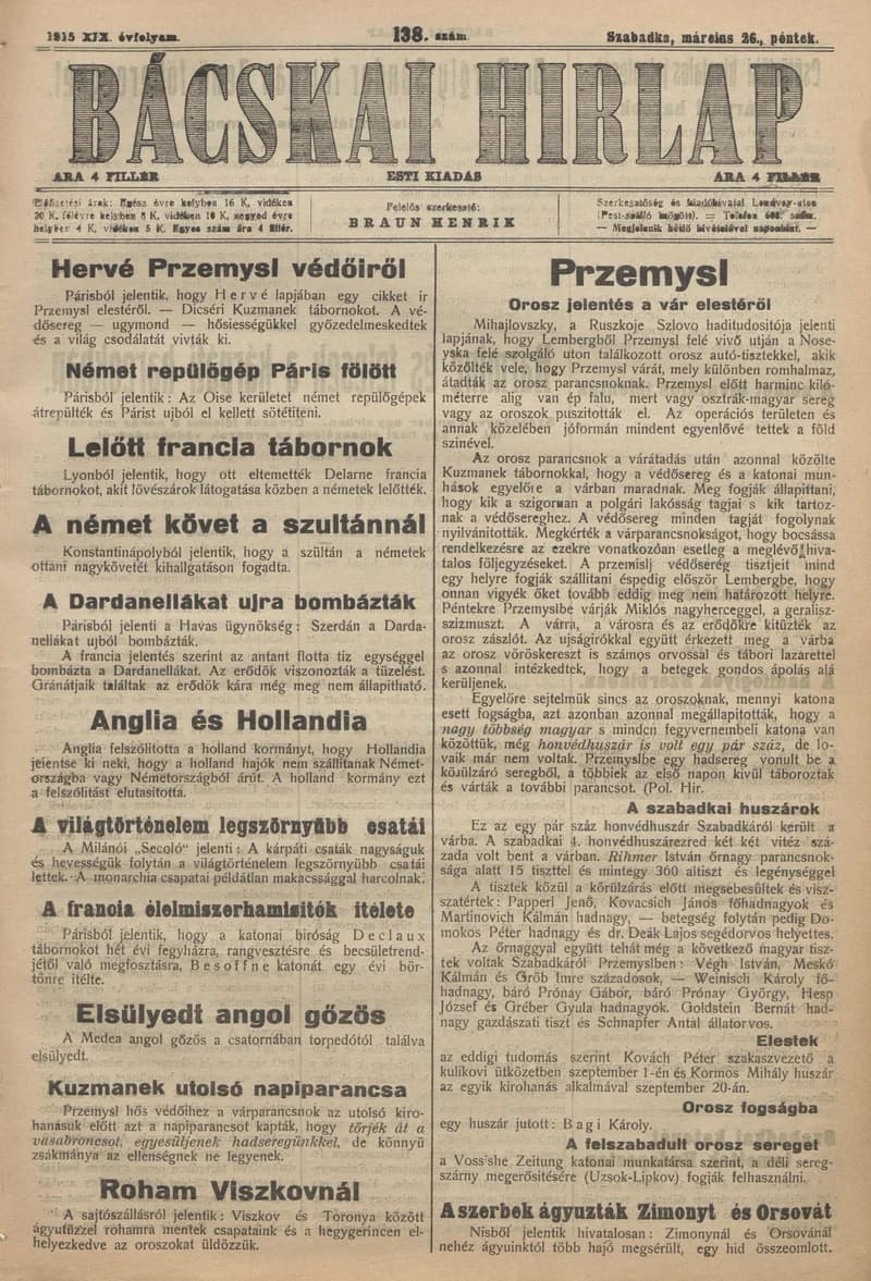 Bácskai Hirlap, 19. évf. 1915. március 26. 138. sz.