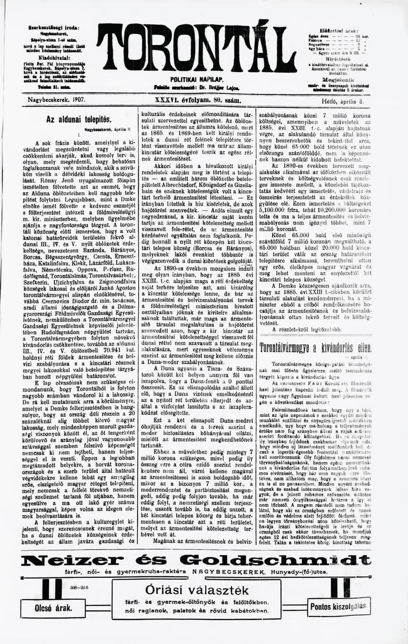 Torontál, 36. évf. 1907. április 8. 80. sz.