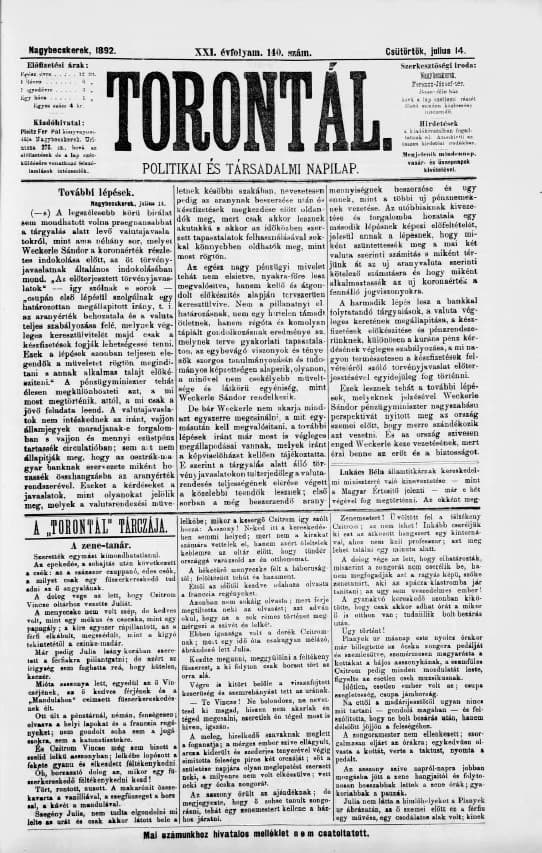 Torontál, 21. évf. 1892. július 14. 140. sz.