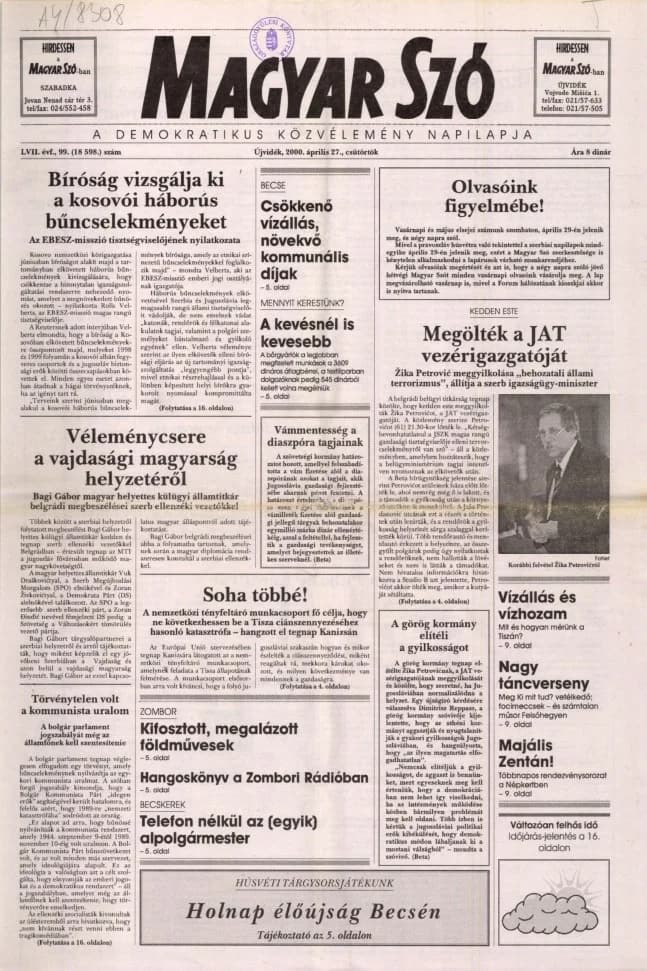 Magyar Szó, 57. évf. 2000. április 27. 99. sz. 1–16. oldal