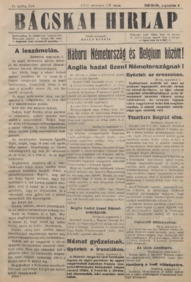 Bácskai Hirlap, 18. évf. 1914. augusztus 6. 177. sz.