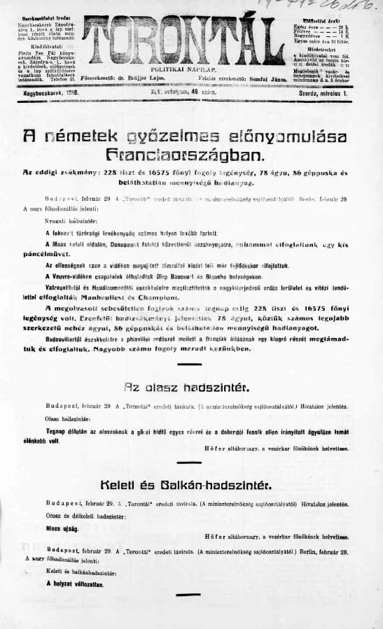 Torontál, 45. évf. 1916. március 1. 49. sz.