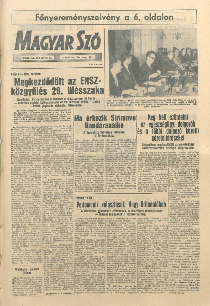 Magyar Szó, 31. évf. 1974. szeptember 19. 258. sz. 1–16. oldal