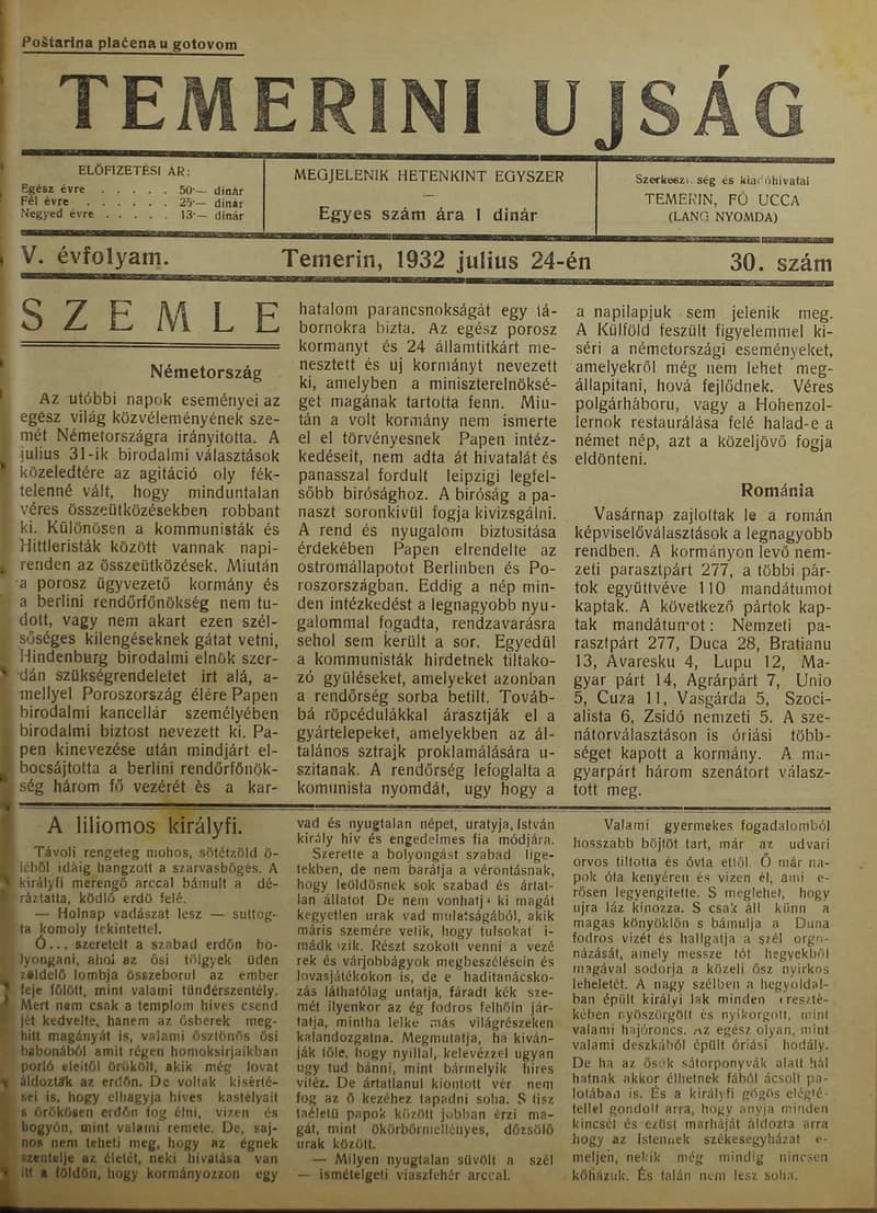 Temerini Újság 1928-1944, 5. évf. 1932. július 24. 30. sz.