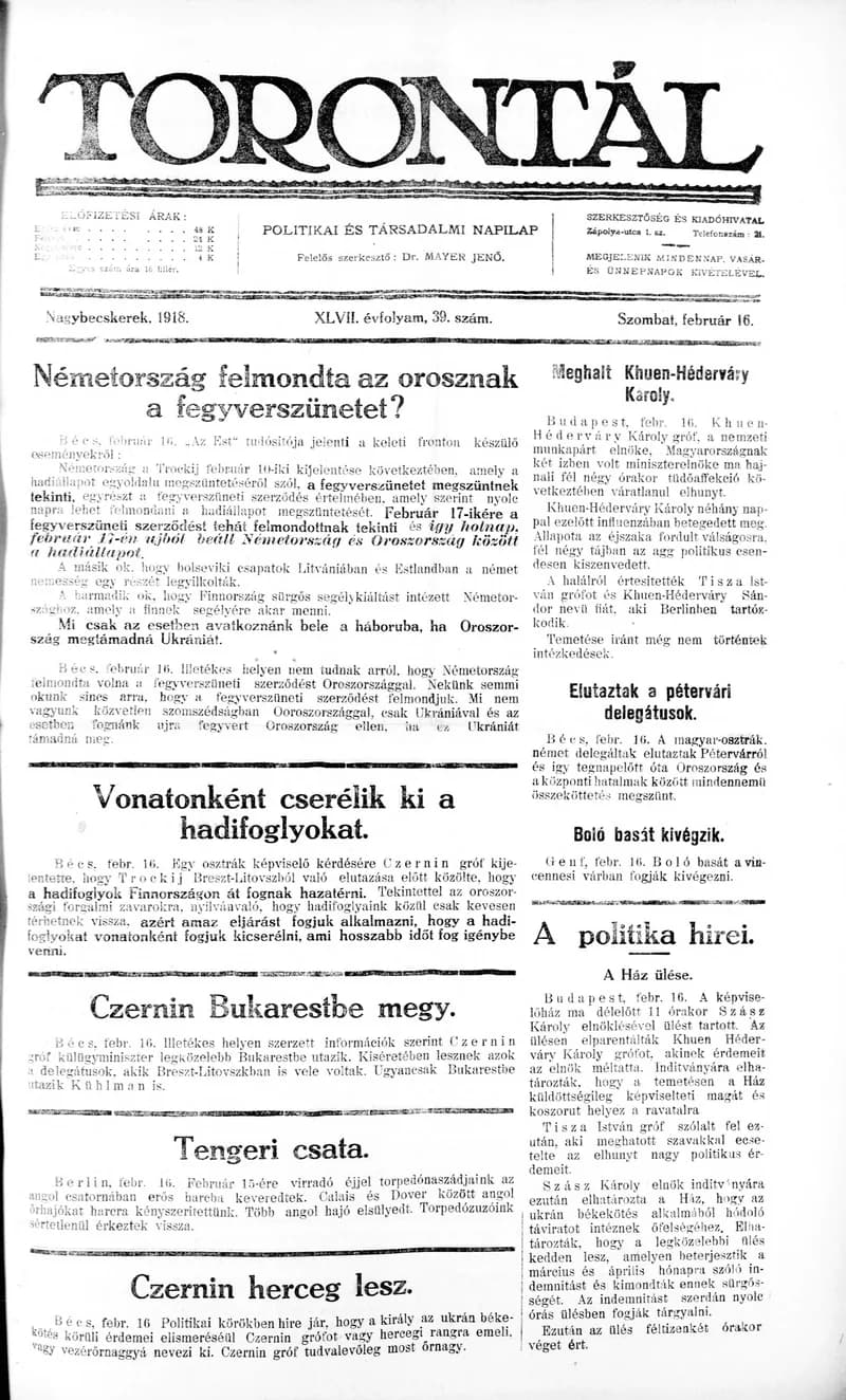 Torontál, 47. évf. 1918. február 16. 39. sz.