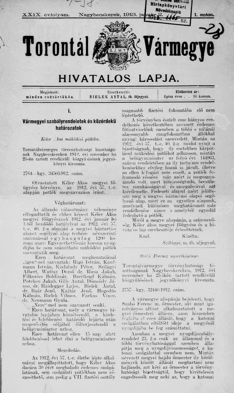 Torontál Vármegye Hivatalos Lapja, 29. évf. 1913. január 2. 1. sz.