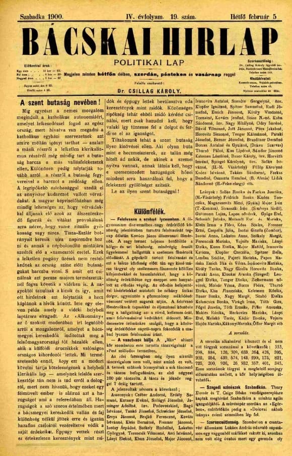 Bácskai Hirlap, 4. évf. 1900. február 5. 19. sz.