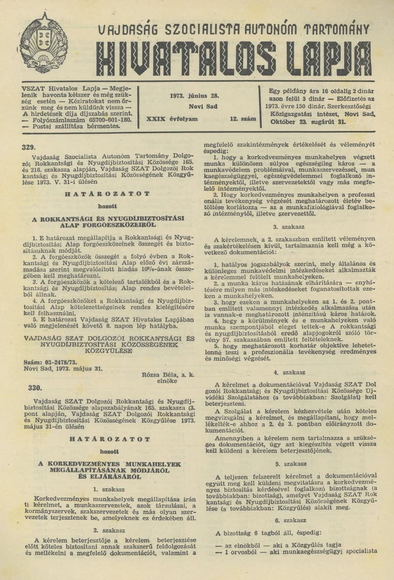 Vajdaság Szocialista Autonóm Tartomány Hivatalos Lapja, 29. évf. 1973. június 28. 12. sz. 309–312. oldal