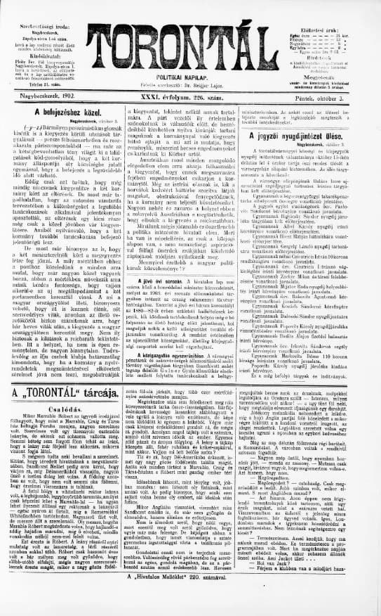 Torontál, 31. évf. 1902. október 3. 226. sz.