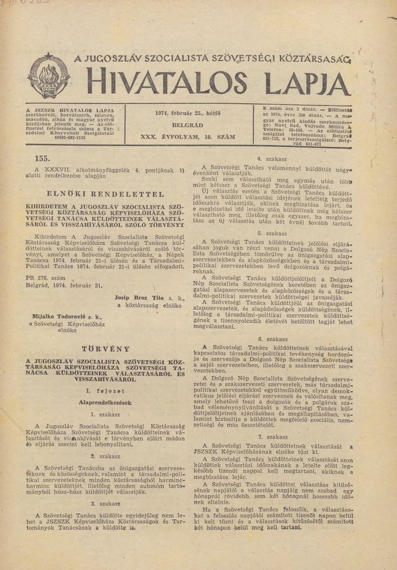 A Jugoszláv Szocialista Szövetségi Köztársaság Hivatalos Lapja, 30. évf. 1974. február 25. 10. sz. 273–284. oldal