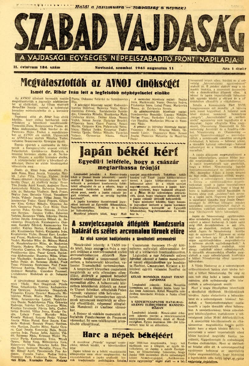 Szabad Vajdaság, 2. évf. 1945. augusztus 11. 184. sz.