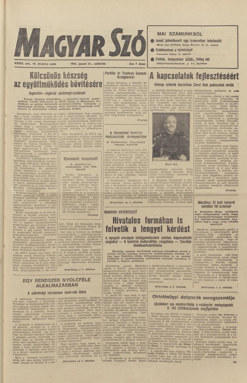Magyar Szó, 39. évf. 1982. január 21. 19. sz. 1–20. oldal