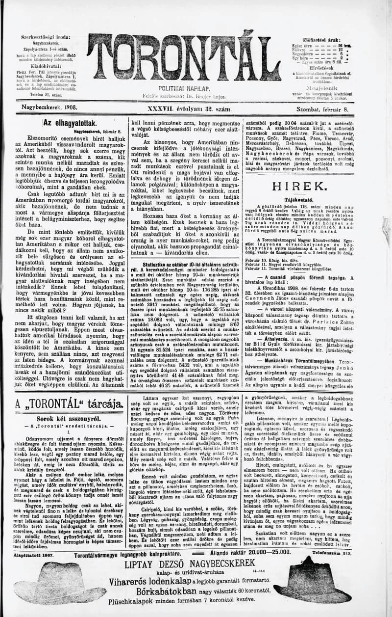 Torontál, 37. évf. 1908. február 8. 32. sz.