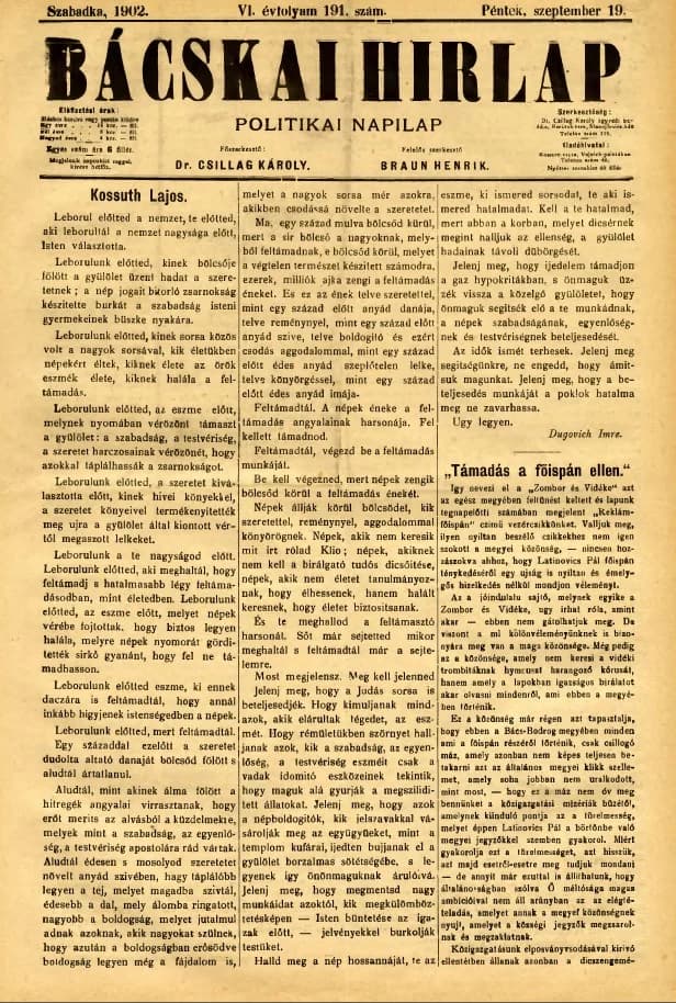 Bácskai Hirlap, 6. évf. 1902. szeptember 19. 191. sz.