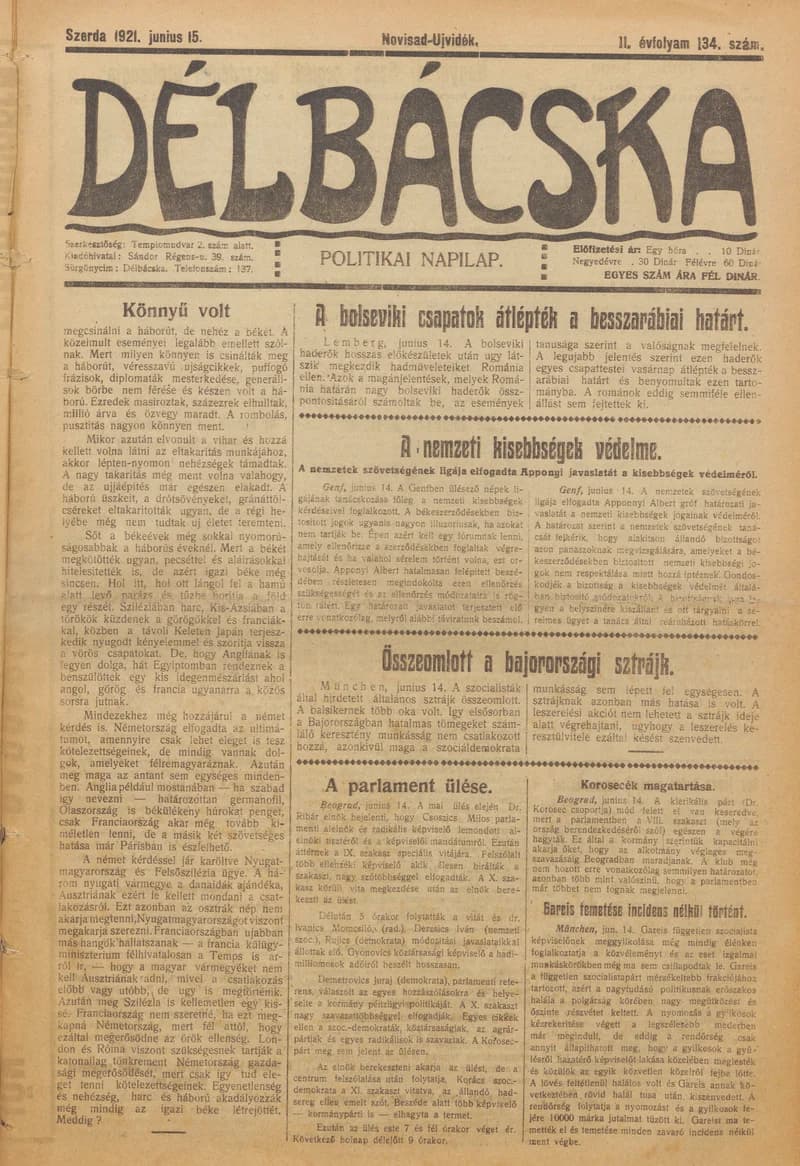 Délbácska, 2. évf. 1921. június 15. 134. sz.