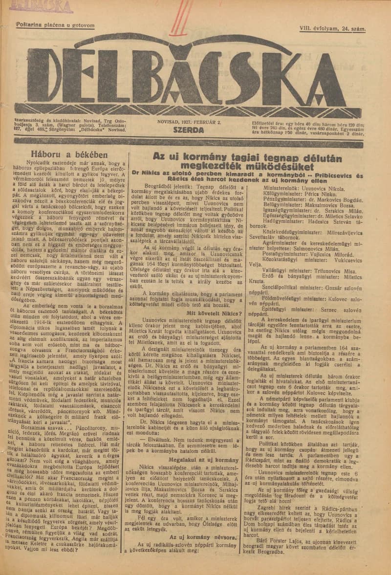 Délbácska, 8. évf. 1927. február 2. 26. sz.