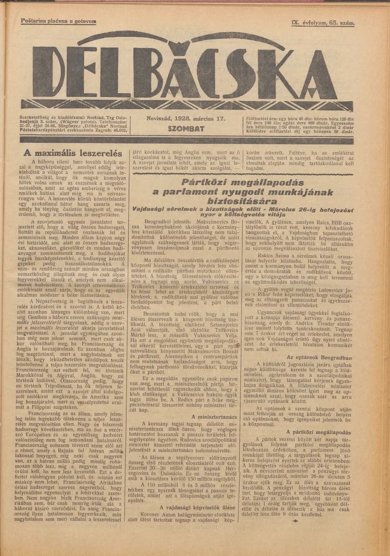 Délbácska, 9. évf. 1928. március 17. 65. sz.