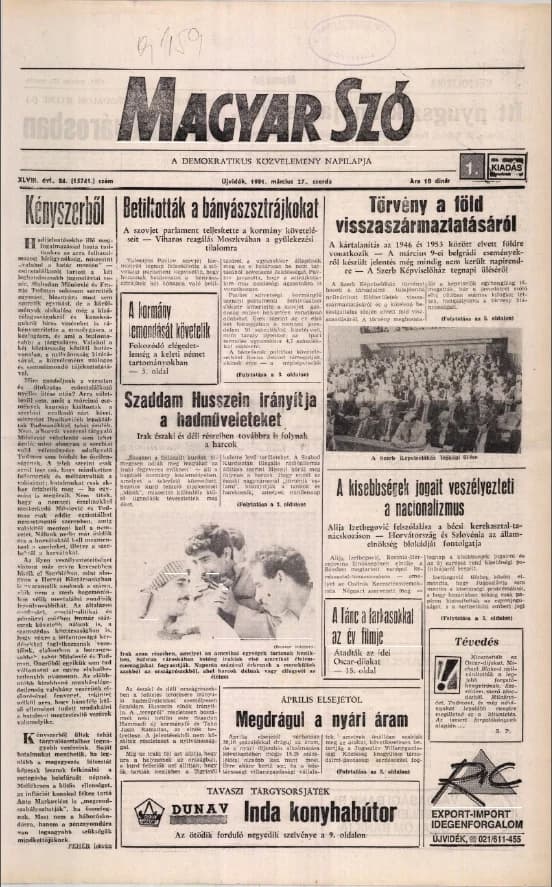 Magyar Szó, 48. évf. 1991. március 27. 84. sz. 1–20. oldal