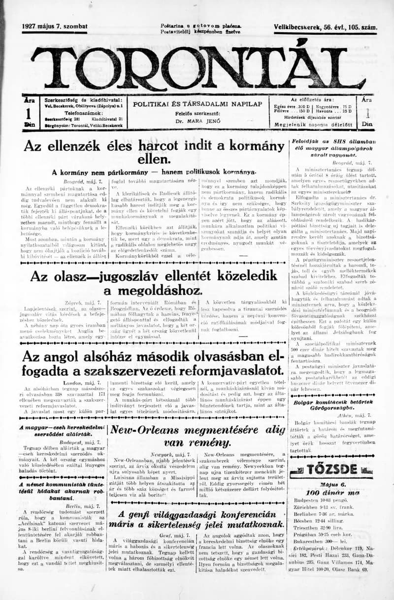 Torontál, 56. évf. 1927. május 7. 105. sz.