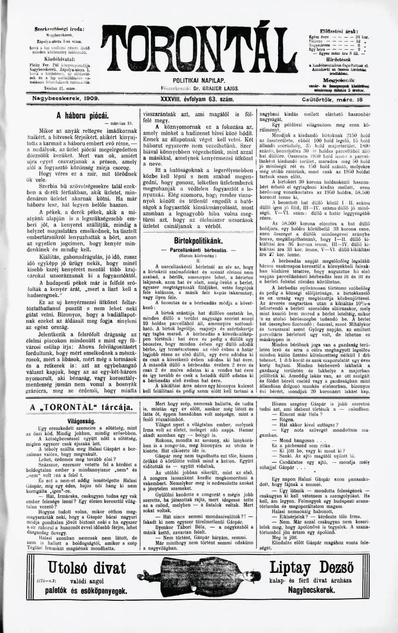 Torontál, 38. évf. 1909. március 18. 63. sz.