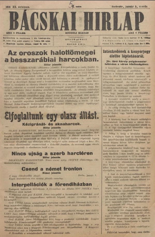Bácskai Hirlap, 20. évf. 1916. január 5. 5. sz.