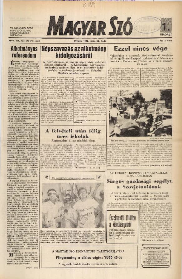 Magyar Szó, 47. évf. 1990. június 26. 173. sz. 1–20. oldal