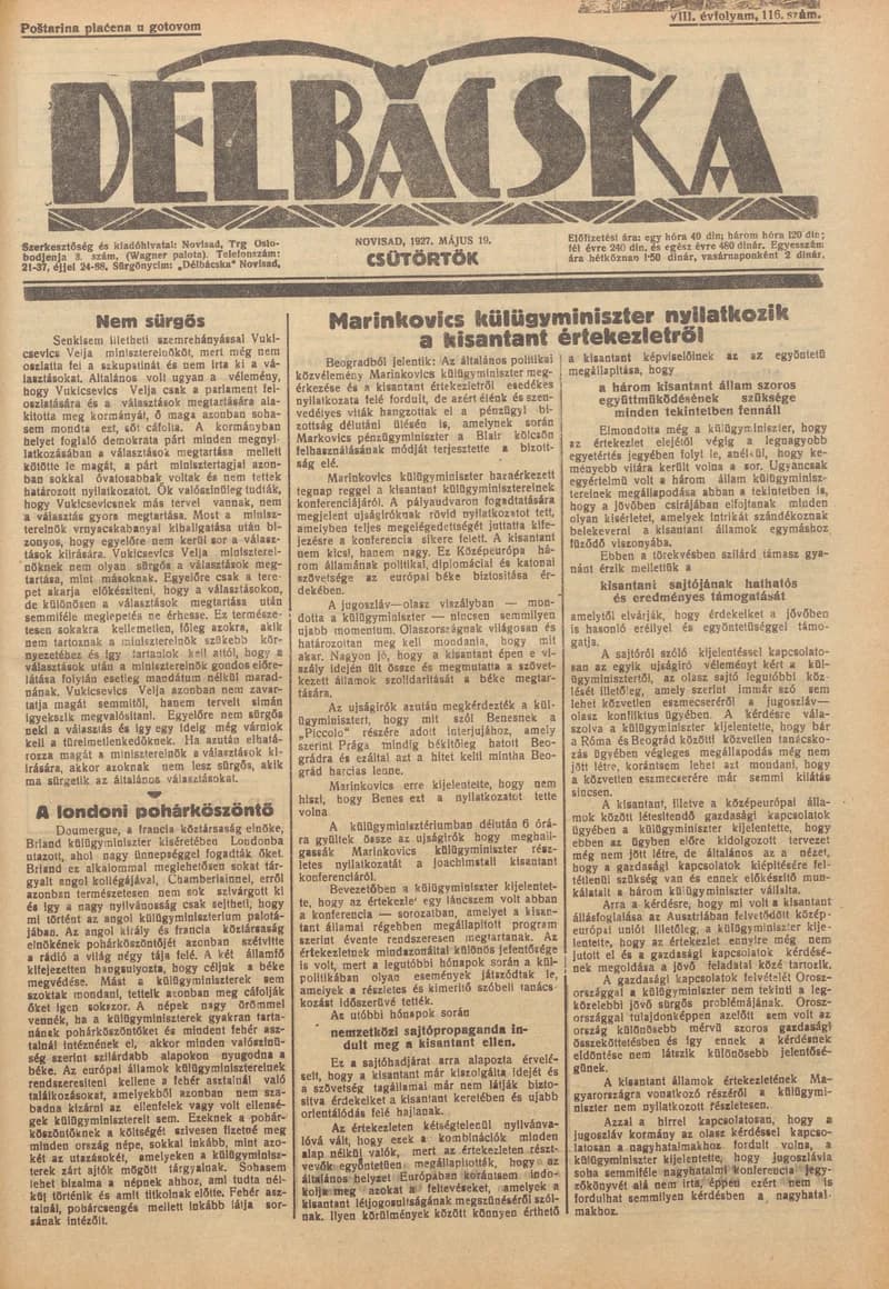Délbácska, 8. évf. 1927. május 19. 116. sz.