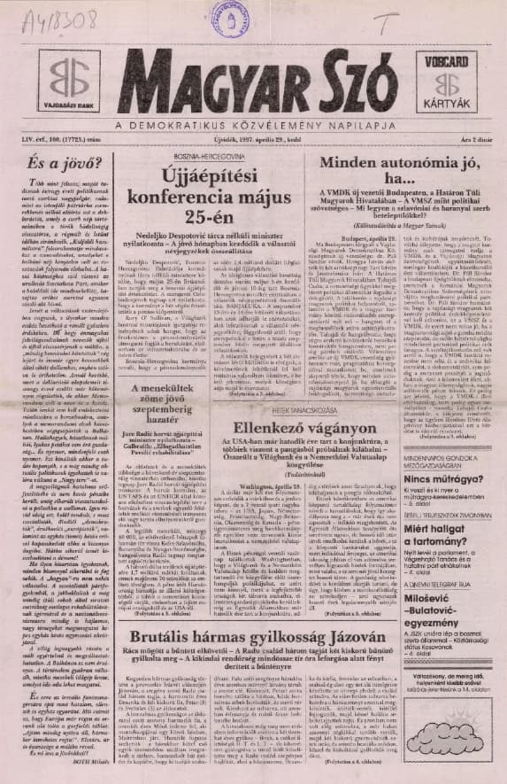 Magyar Szó, 54. évf. 1997. április 29. 100. sz. 1–16. oldal