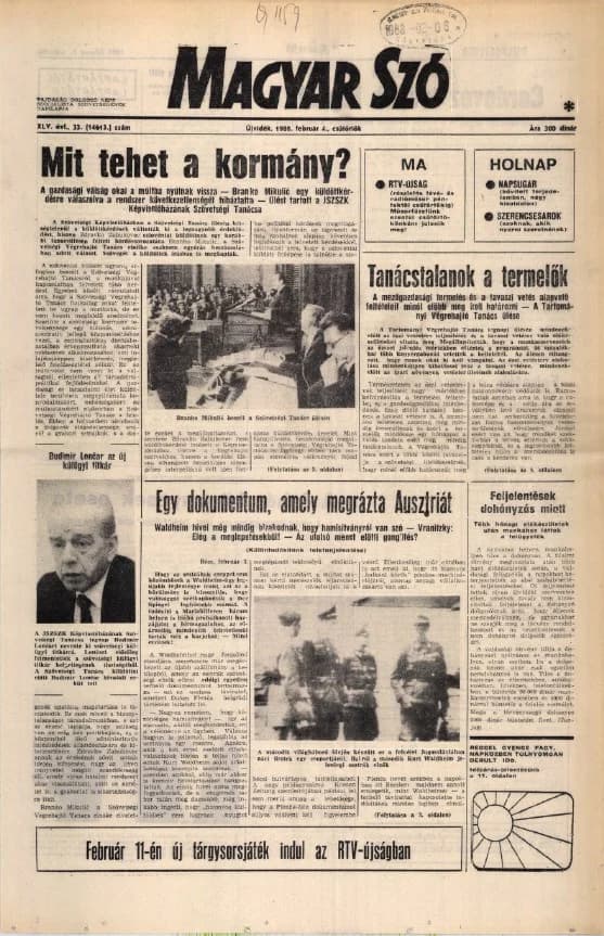 Magyar Szó, 45. évf. 1988. február 4. 33. sz. 1–16. oldal