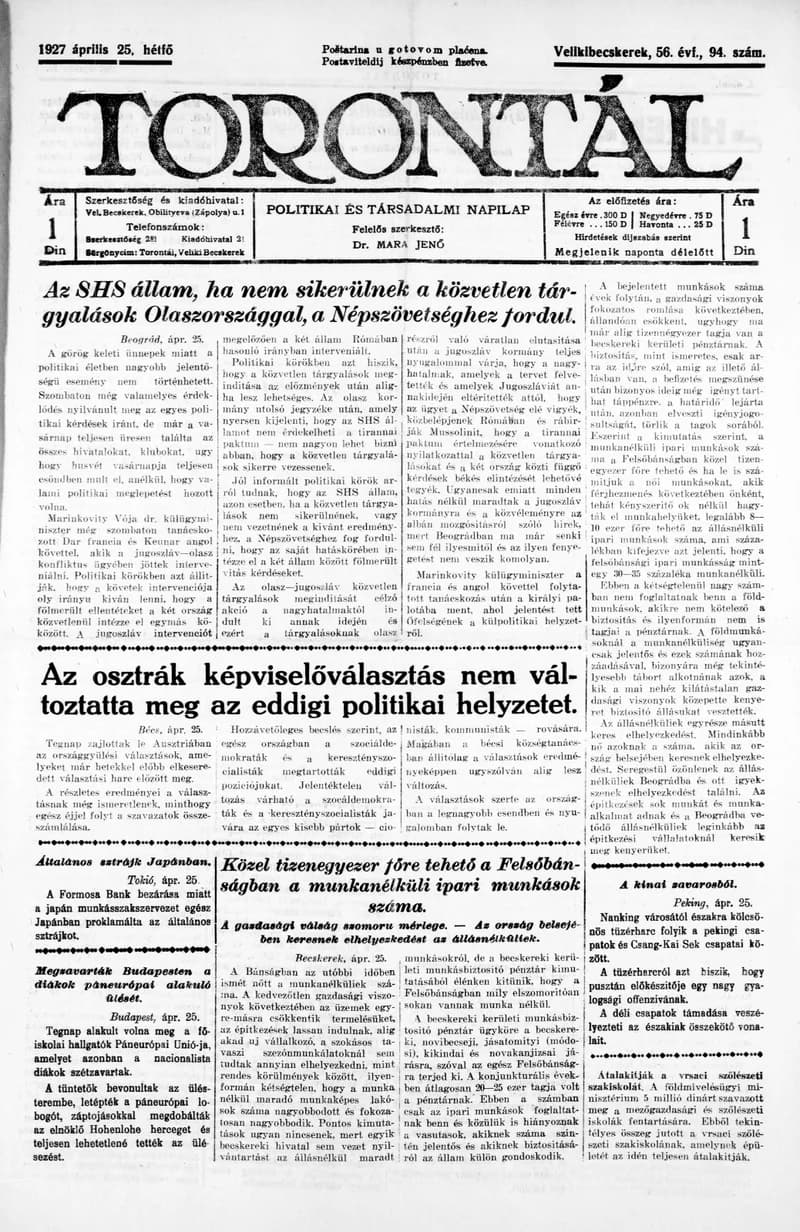 Torontál, 56. évf. 1927. április 25. 94. sz.