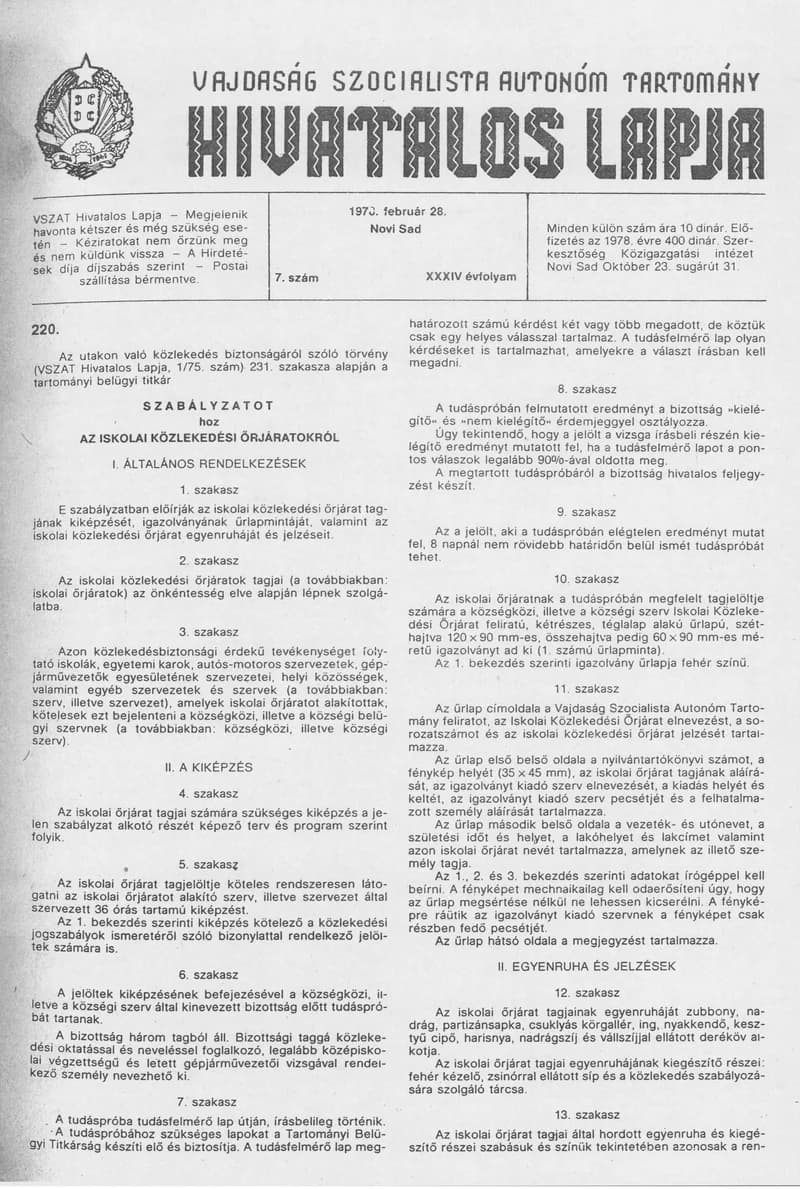 Vajdaság Szocialista Autonóm Tartomány Hivatalos Lapja, 34. évf. 1978. február 28. 7. sz. 253–264. oldal