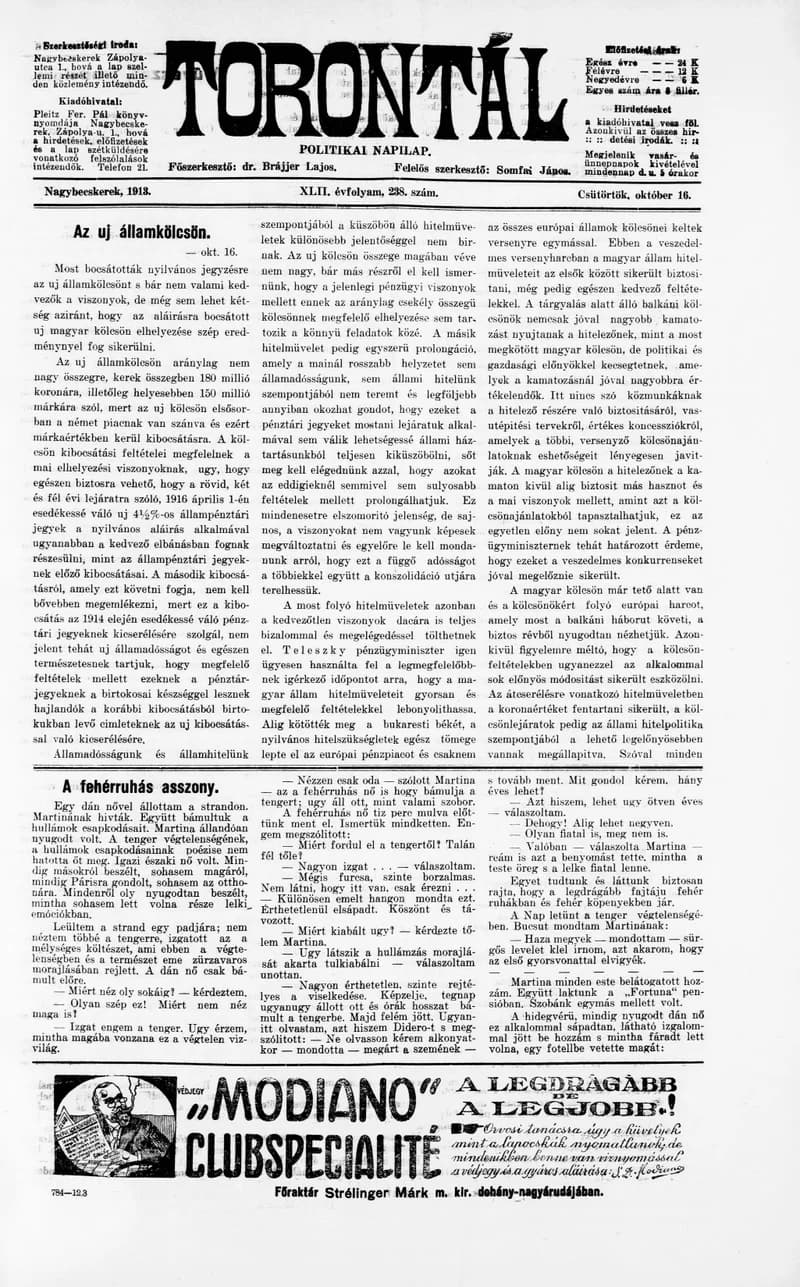 Torontál, 42. évf. 1913. október 16. 238. sz.