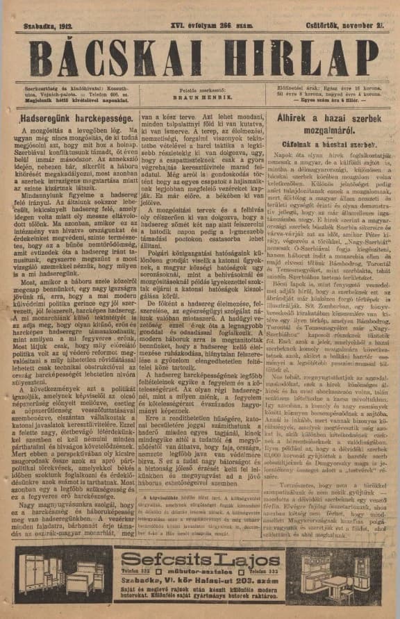 Bácskai Hirlap, 16. évf. 1912. november 21. 266. sz.