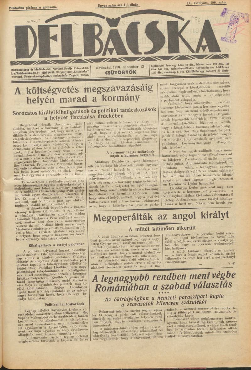 Délbácska, 9. évf. 1928. december 13. 290. sz.