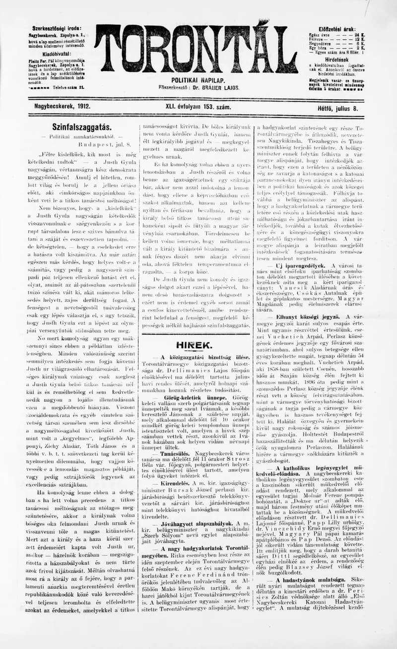 Torontál, 41. évf. 1912. július 8. 153. sz.
