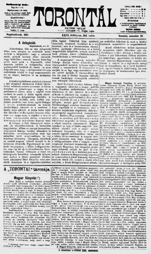 Torontál, 26. évf. 1897. november 20. 266. sz.
