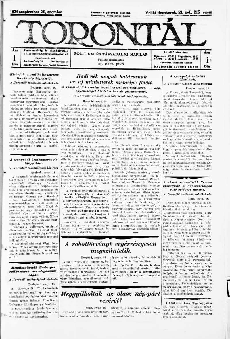 Torontál, 53. évf. 1924. szeptember 20. 215. sz.