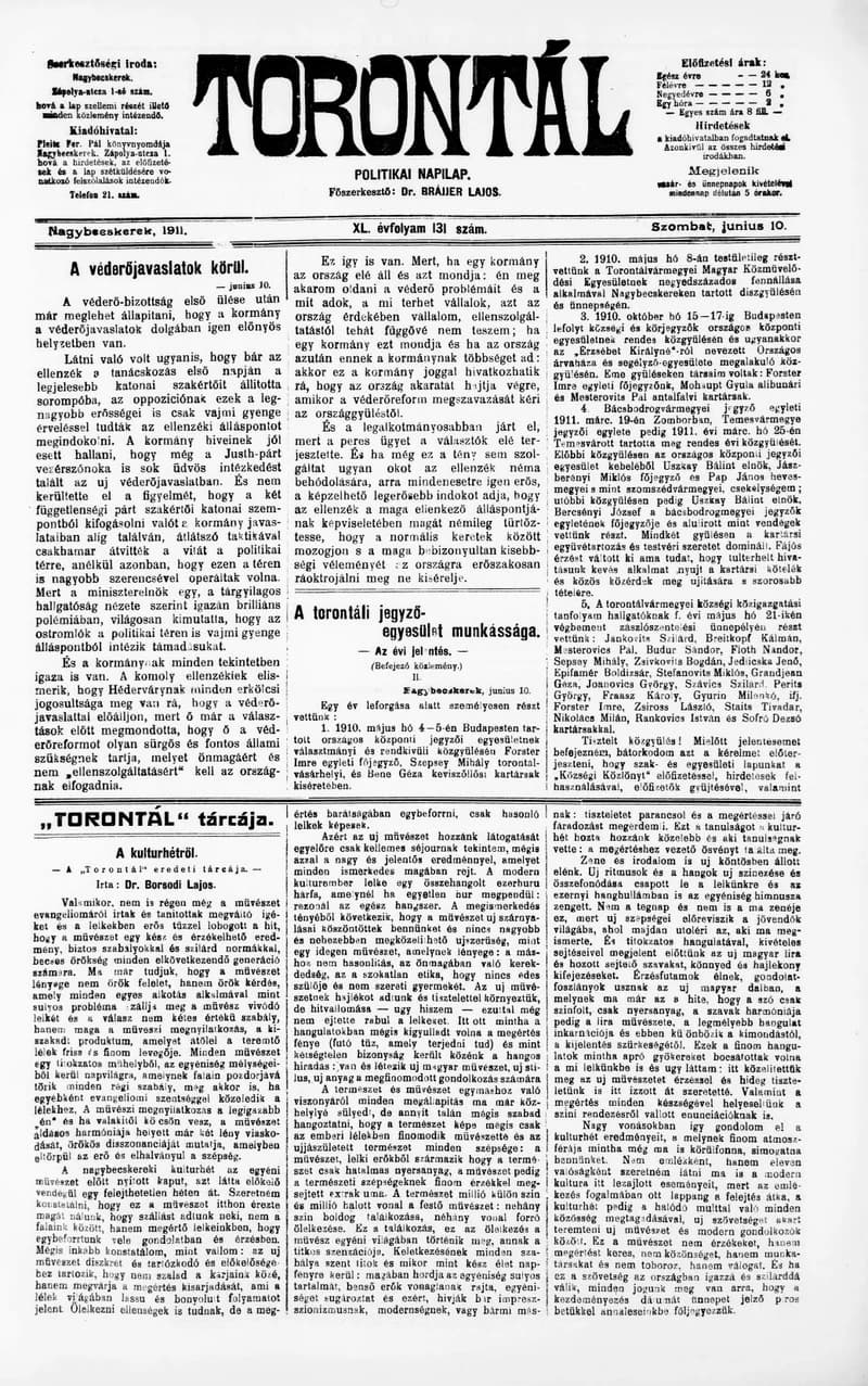 Torontál, 40. évf. 1911. június 10. 131. sz.