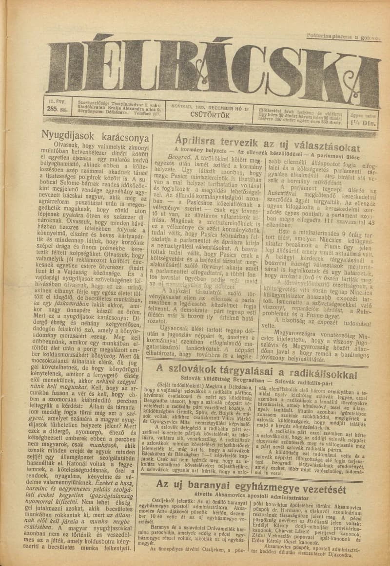 Délbácska, 4. évf. 1923. december 13. 285. sz.