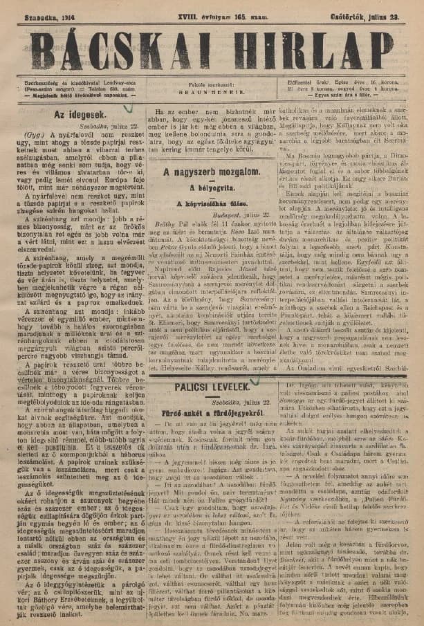 Bácskai Hirlap, 18. évf. 1914. július 23. 165. sz.
