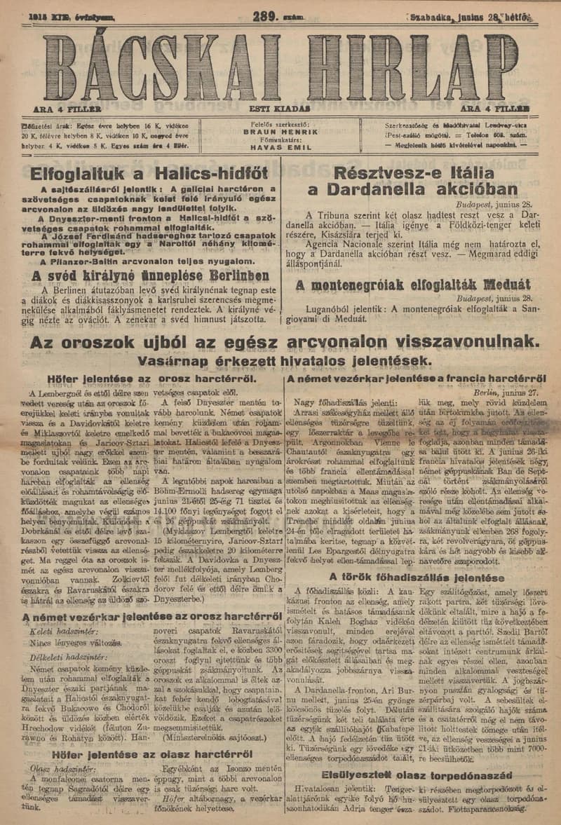 Bácskai Hirlap, 19. évf. 1915. június 28. 289. sz.