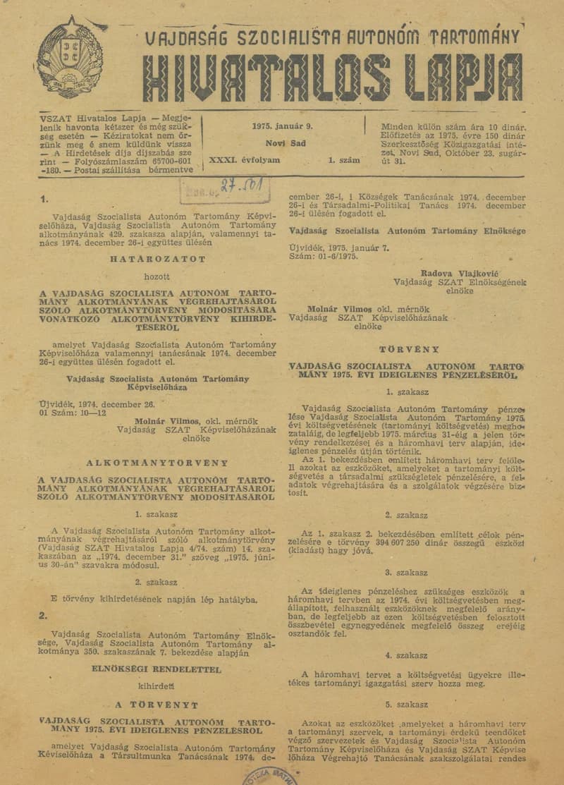 Vajdaság Szocialista Autonóm Tartomány Hivatalos Lapja, 31. évf. 1975. január 9. 1. sz. 1–48. oldal