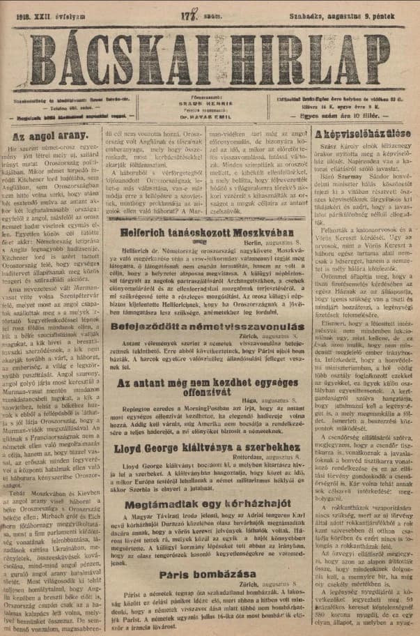 Bácskai Hirlap, 22. évf. 1918. augusztus 9. 178. sz.